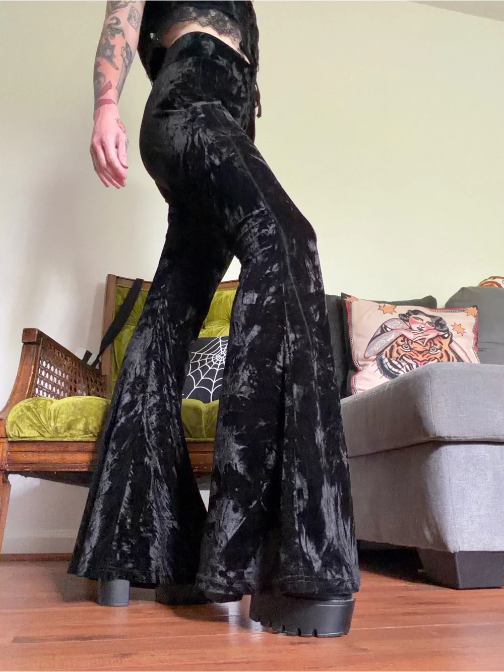 Killstar Black Crushed Velvet Lace-Up Flare Pants